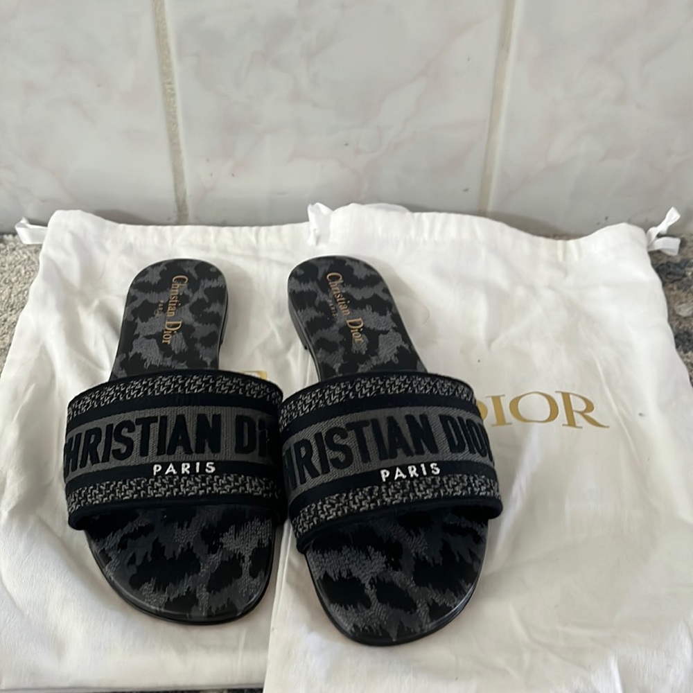Dior Sandal Slide 38.5 black camp leopard Paris Christian Dway 8.5 grey jacquard